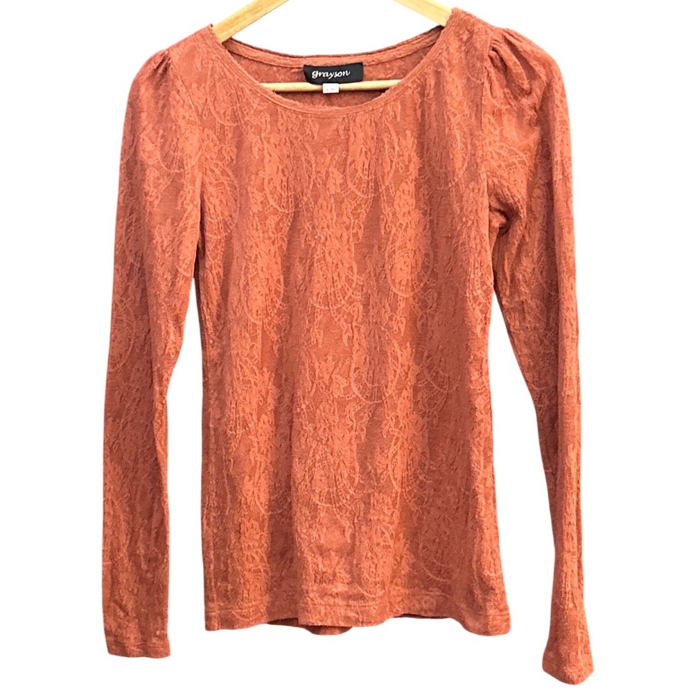 Grayson Long Sleeve Top Romantic Boho Burnout Lace Puff Shoulder Rust XS